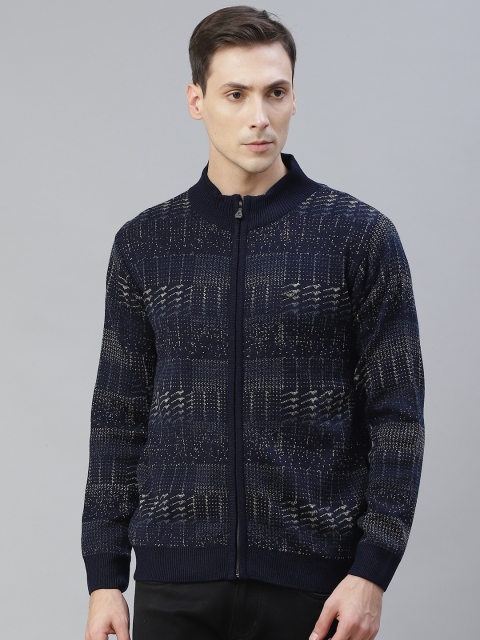 

Pierre Carlo Men Navy Blue & Off White Geometric Design Front-Open Cardigan