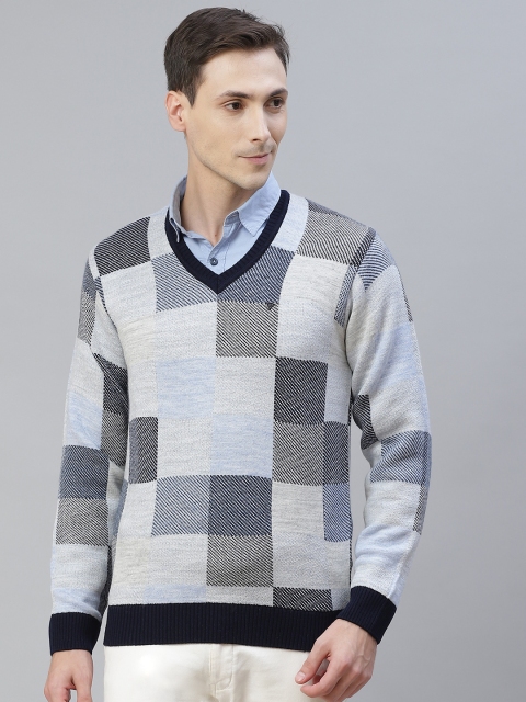 

Pierre Carlo Men Grey Melange & Navy Blue Checked Pullover