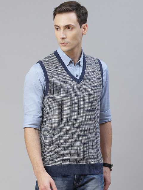 

Pierre Carlo Men Navy Blue & Off White Checked Sweater Vest