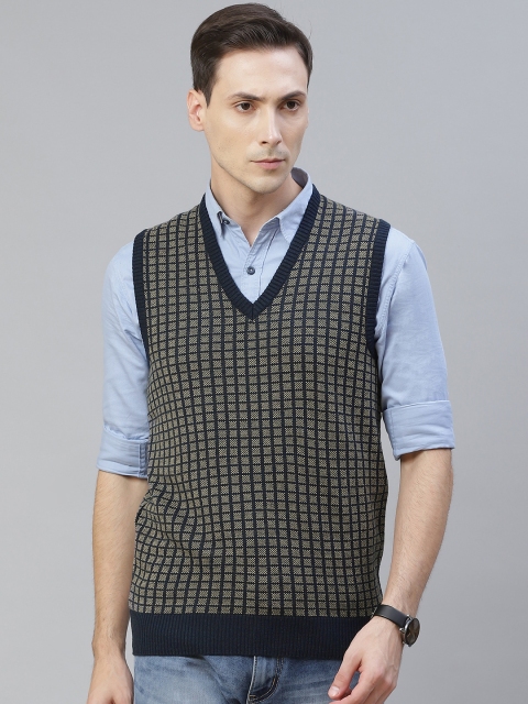 

Pierre Carlo Men Navy Blue & Off White Checked Sweater Vest