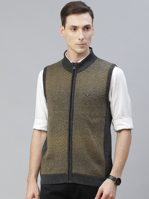 

Pierre Carlo Men Yellow & Charcoal Grey Chevron Patterned Cardigan