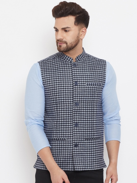 

even Men Blue & Black Woven Design Nehru Jacket