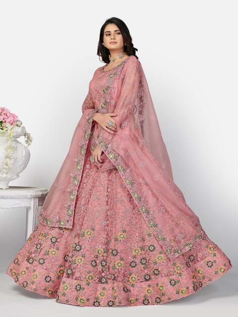 

SHOPGARB Pink & Grey Embroidered Thread Work Ready to Wear Lehenga & Unstitched Blouse With Dupatta