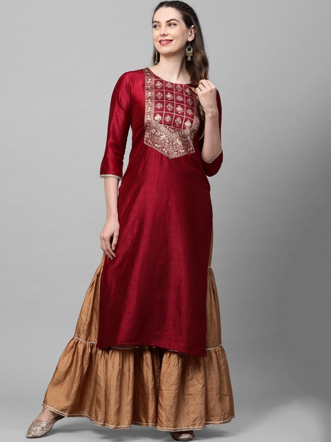 

Indo Era Women Maroon & Beige Ethnic Motifs Yoke Design Straight Kurta