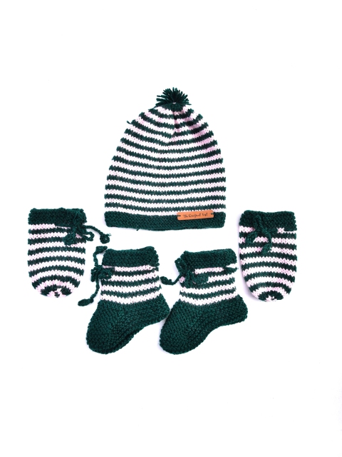 

The Original Knit Unisex Kids Green & White Handmade- Cap ,Socks & Mittens
