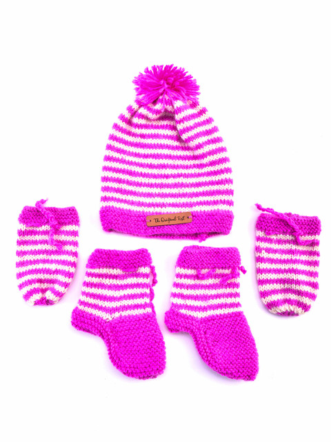 

The Original Knit Unisex Kids Mauve & Cream-Coloured Handmade Beanie, Socks & Mittens