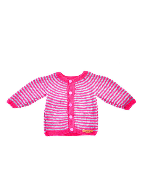 

The Original Knit Unisex Kids Magenta & White Striped Handmade Cardigan