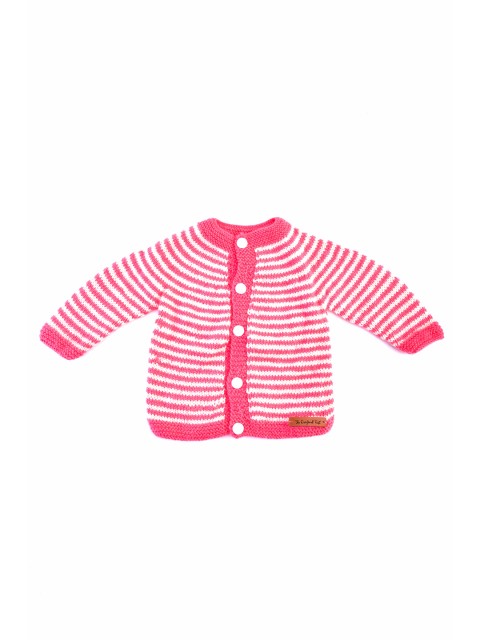 

The Original Knit Girls Coral & White Striped Handmade Cardigan