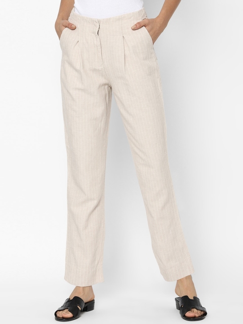

Allen Solly Woman Women Beige Striped Pleated Trousers