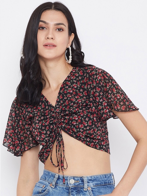 

Berrylush Black Floral Crepe Regular Crop Top