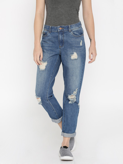 

ONLY Women Blue Boyfriend Fit Mid-Rise Highly Distressed Jeans