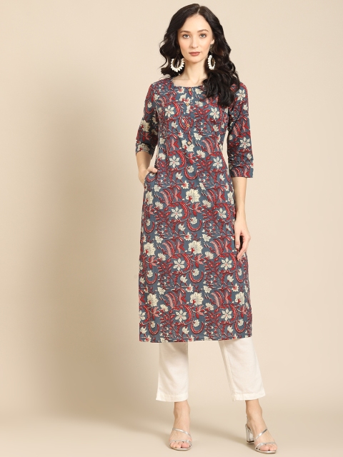 

Prakrti Women Grey & Red Floral Printed Kurta