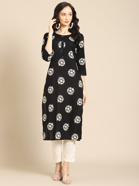 

Prakrti Women Black & White Floral Printed Kurta