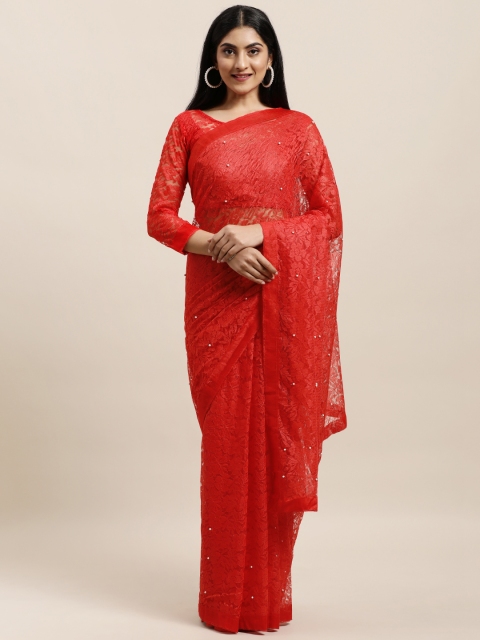 

Mameraa Red Floral Beads and Stones Net Saree