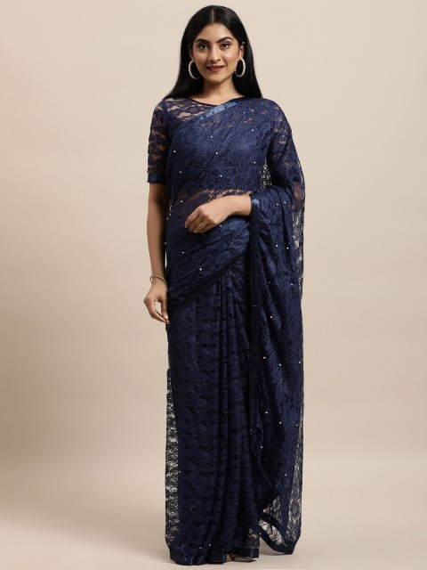 

Mameraa Navy Blue Floral Beads and Stones Net Saree