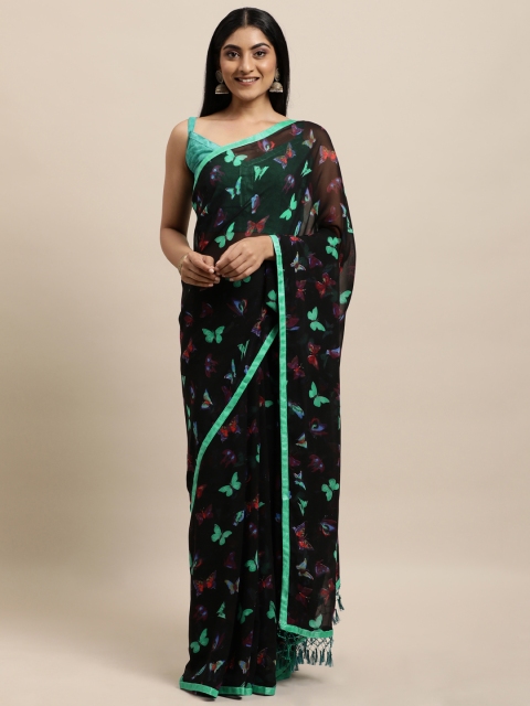 

Mameraa Black & Teal Ethnic Motifs Pure Georgette Saree