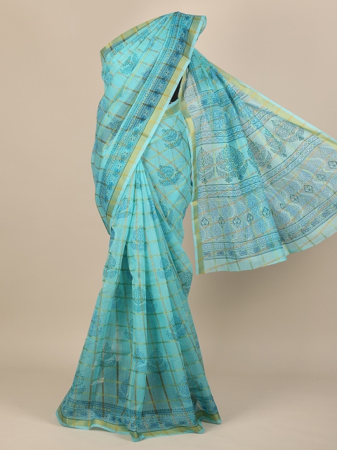 

Pothys Turquoise Blue & Blue Floral Zari Saree