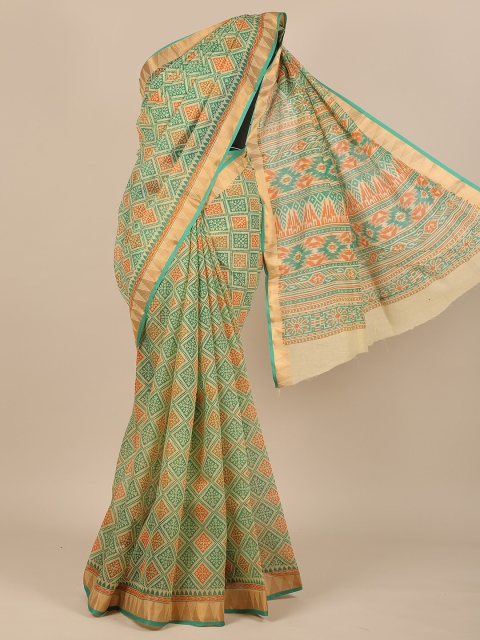 

Pothys Cream-Coloured & Green Cotton Blend Zari Saree