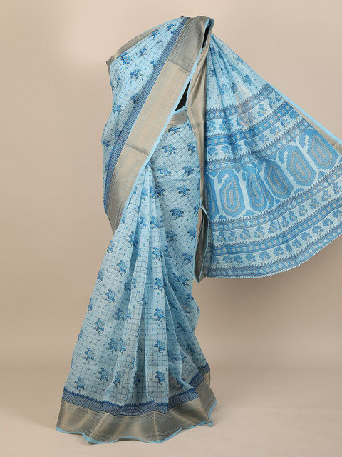 

Pothys Blue Floral Cotton Blend Saree
