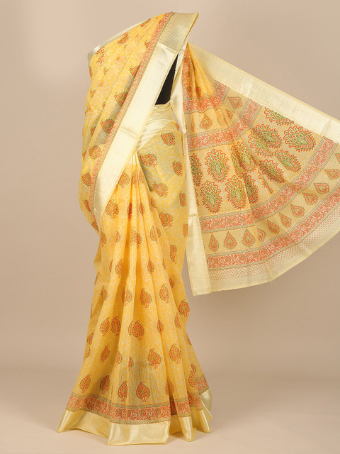 

Pothys Yellow & Maroon Ethnic Motifs Cotton Blend Saree