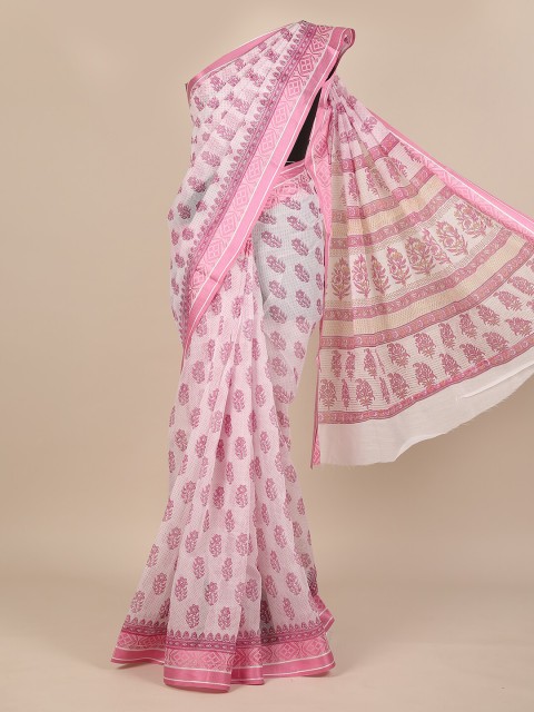 

Pothys Pink & White Ethnic Motifs Cotton Blend Saree