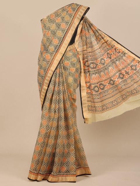 

Pothys Cream-Coloured & Black Ethnic Motifs Cotton Blend Saree