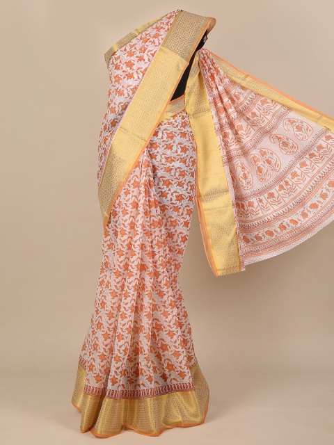 

Pothys Orange & White Floral Cotton Blend Saree