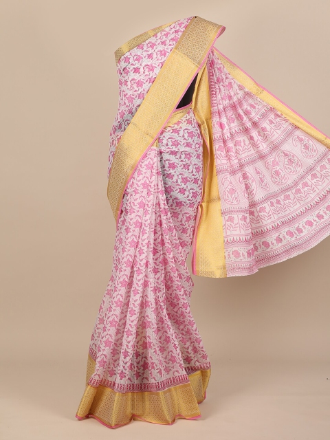 

Pothys Pink & Off White Floral Cotton Blend Saree