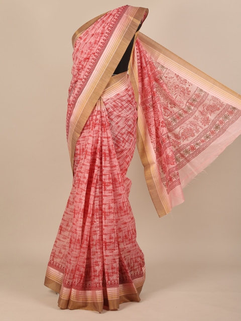 

Pothys Pink & Tan Printed Cotton Blend Zari Saree
