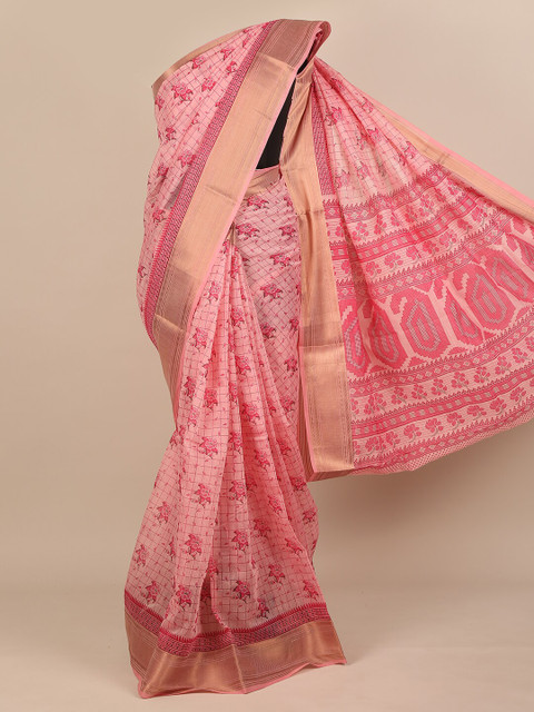 

Pothys Pink & Gold-Toned Ethnic Motifs Zari Saree