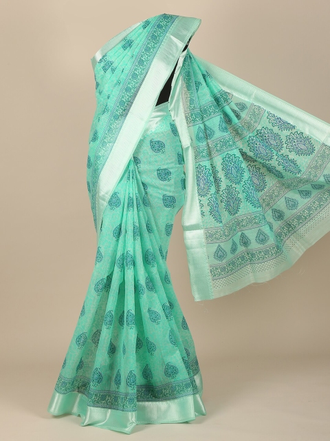 

Pothys Green & Silver-Toned Paisley Saree