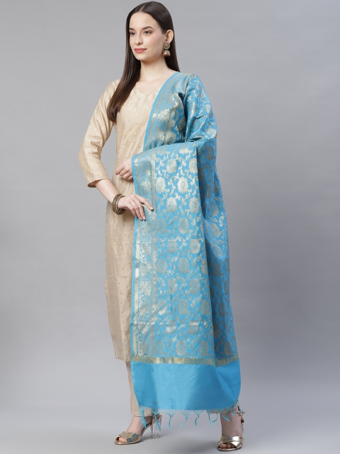 

mokshi Blue Woven Design Banarasi Pure Silk Dupatta with Zari