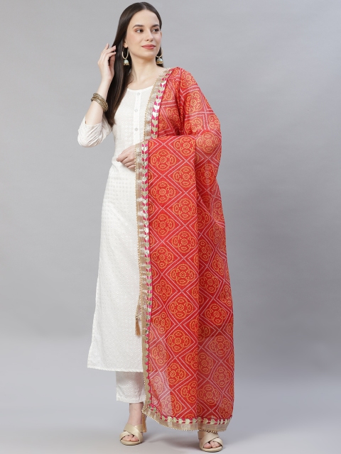 

mokshi Red Printed Pure Cotton Dupatta with Beads and Stones