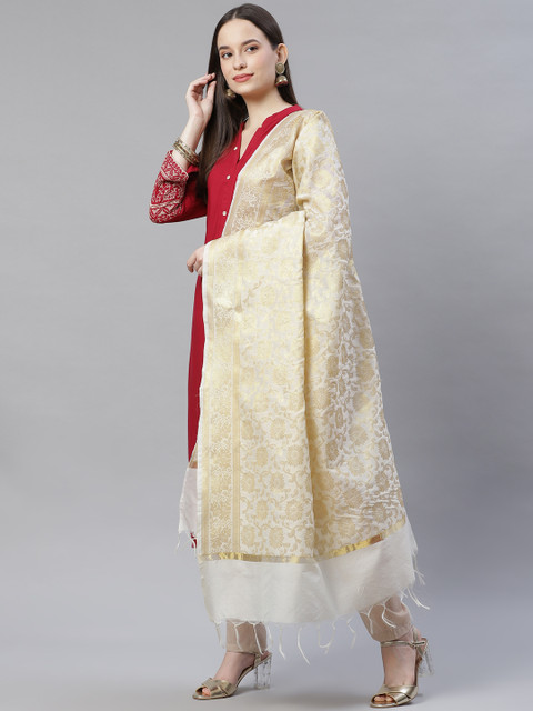 

mokshi Off White Woven Design Banarasi Pure Silk Dupatta with Zari