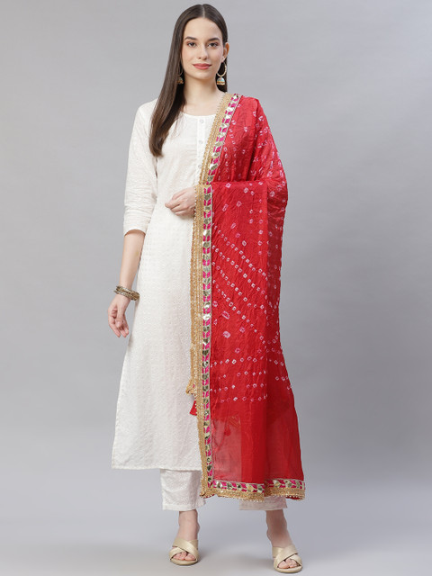 

mokshi Red Woven Design Pure Silk Bandhani Dupatta with Gotta Patti