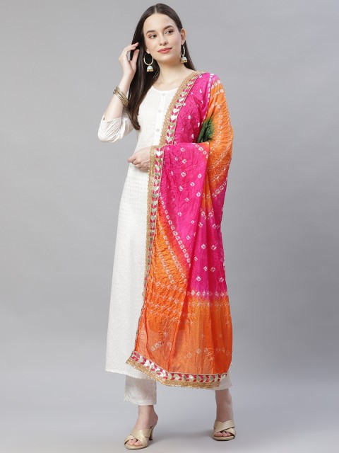 

mokshi Pink & Orange Printed Pure Silk Bandhani Dupatta with Gotta Patti