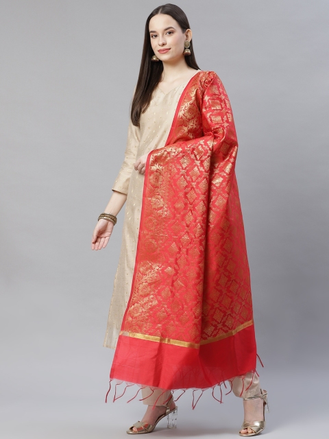

mokshi Red Ethnic Motifs Woven Design Banarasi Pure Silk Dupatta with Zari