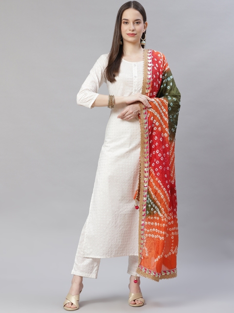 

mokshi Red & Orange Printed Pure Silk Bandhani Dupatta with Gotta Patti