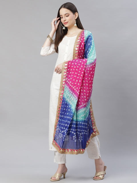 

mokshi Blue & Pink Printed Pure Silk Bandhani Dupatta with Gotta Patti