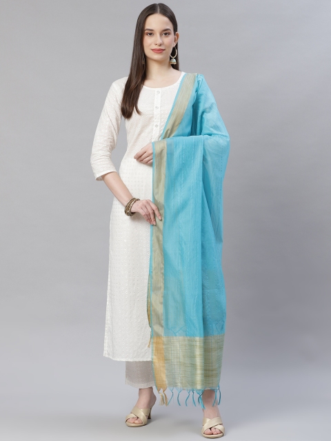 

mokshi Blue Striped Pure Silk Dupatta