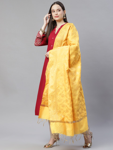 

mokshi Yellow Woven Design Banarasi Pure Silk Dupatta with Zari