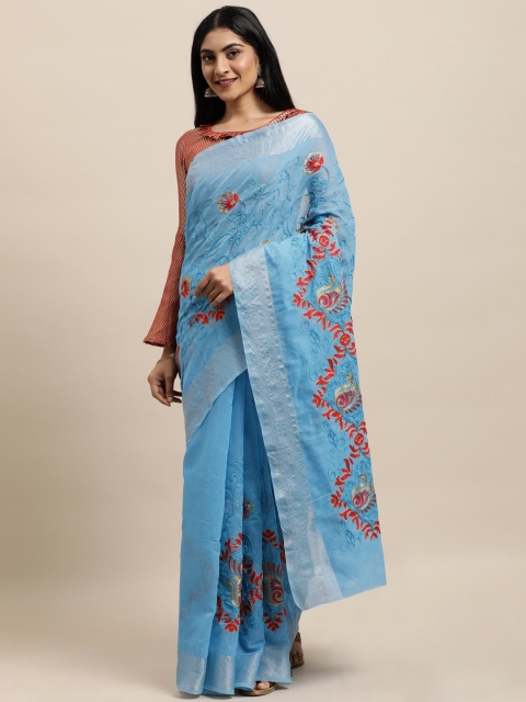 

Mameraa Blue & Red Floral Aari Work Saree