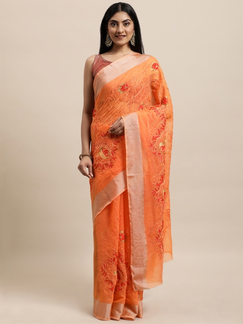 

Mameraa Orange & Red Floral Aari Work Saree