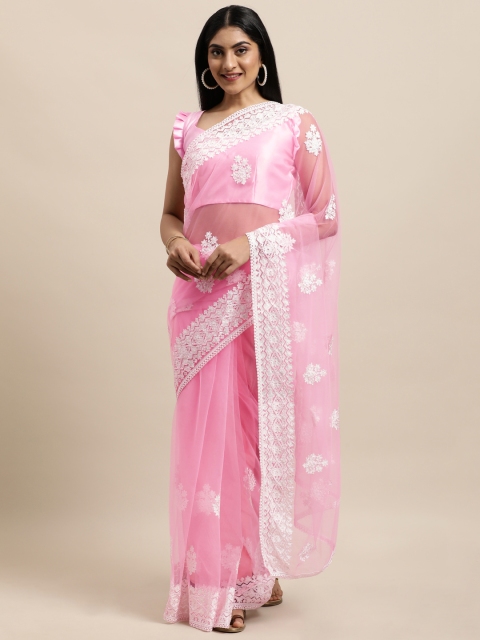 

Mameraa Pink Floral Aari Work Net Saree