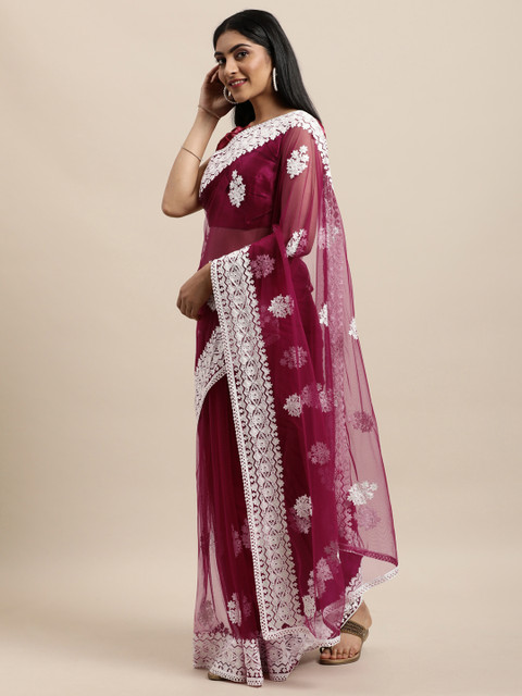 

Mameraa Burgundy Floral Embroidered Net Saree