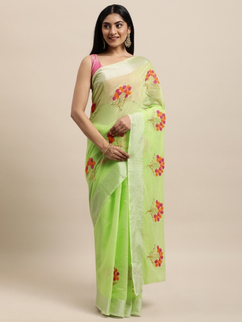 

Mameraa Green & Pink Floral Aari Work Saree