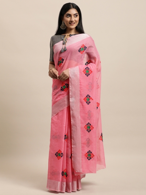 

Mameraa Pink & Blue Aari Work Saree