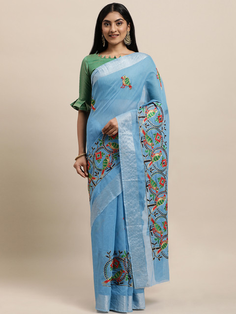 

Mameraa Blue Ethnic Motifs Embroidered Saree