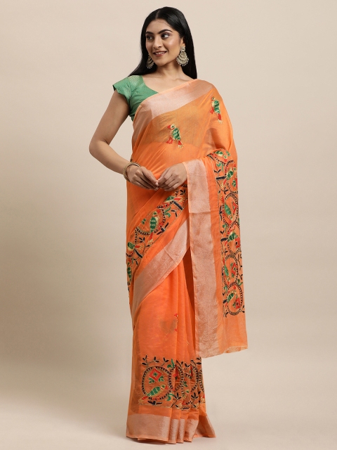

Mameraa Orange Ethnic Motifs Embroidered Saree