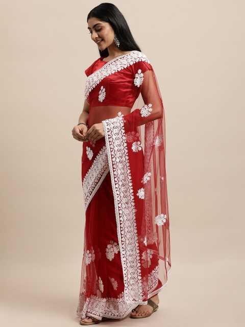

Mameraa Red Ethnic Motifs Embroidered Net Saree